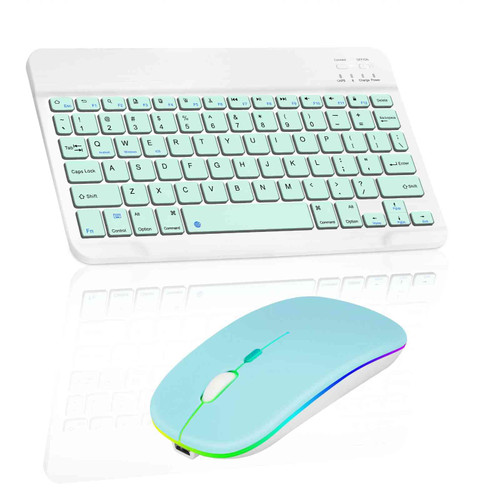 Rechargeable Bluetooth Keyboard and Mouse Combo Ultra Slim for vivo Y72 5G (India) and All Bluetooth Enabled Android/PC-Turquoise Keyboard with Turquoise RGB LED Mouse