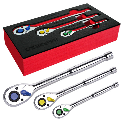 UYECOVE Ratchet Set 3PCs-1/4 Drive Ratchet, 3/8" Drive Ratchet, 1/2" Drive Ratchet, Socket Wrench Set, Colorful Ratchet Wrench Set 72-Tooth Reversible with XIPE Storage Tray