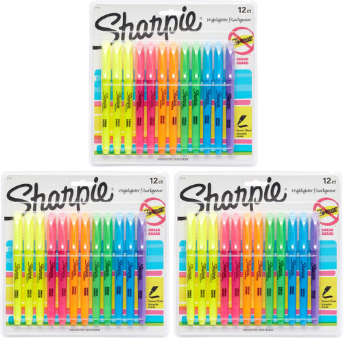 Sharpie 27145 Pocket Highlighters, Chisel Tip, Assorted Colors, 12-Count. 3-Pack
