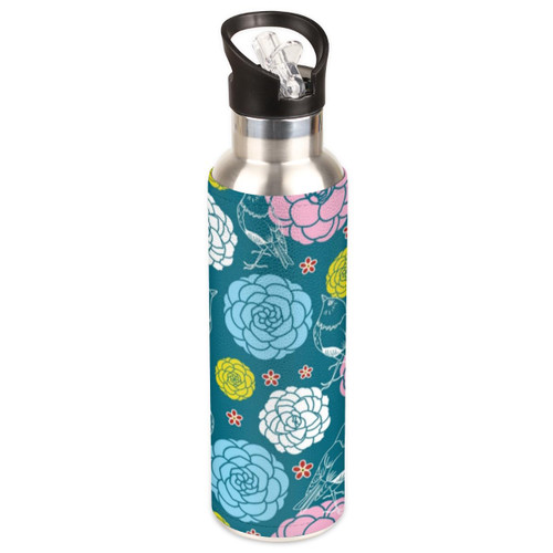 KOBLEN Cute Camellia Insulated Water Bottle with Straw Stainless Steel Travel Water Bottle 20 Oz Reusable Vacuum Sports Water Bottle for Gym Cycling Camping Hiking