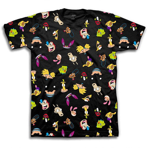 Nickelodeon Mens 90's Classic Shirt - Rugrats, Invader Zim, Ren & Stimpy, and Hey Arnold Vintage T-Shirt (Black Allover, XX-Large)