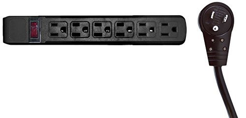 Surge Protector, Flat Rotating Plug, 6 Outlet, Horizontal Outlets, Plastic, Power Cord - 6 Feet, Black