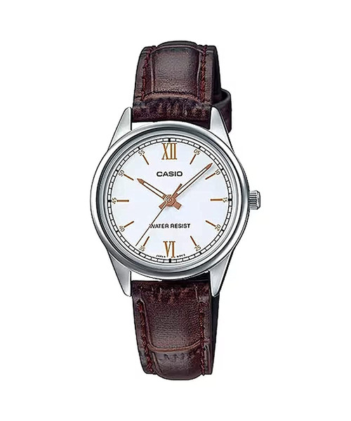 Casio LTP-V005L-7B3 Women's Standard Analog Brown Leather Band White Dial Watch