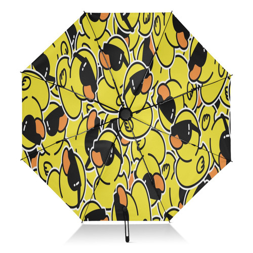 Exnundod Folding Umbrella Rubber Duck Sunglasses, Inverted Umbrella Cartoon Compact Windproof Umbrellas Automatic for Rain Sun Travel Reverse Umbrellas with Cover Bag