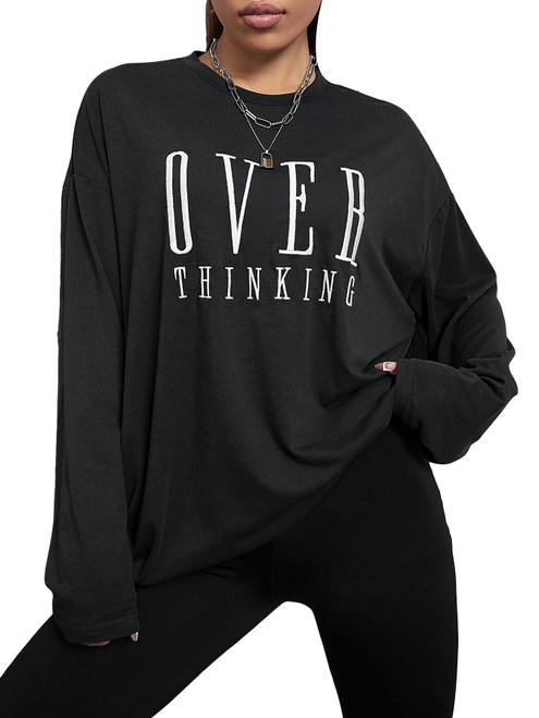 SOLY HUX Women's Letter Embroidery Tees Long Sleeve Round Neck Oversized T Shirts Tops Black Letter L SOLY HUX Women's Letter Embroidery Tees Long Sleeve Round Neck Oversized T Shirts Tops Black Letter L