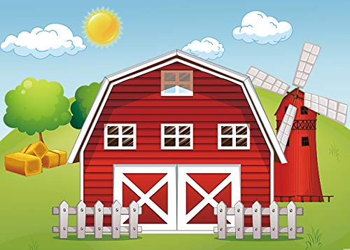 Botong Cartoon Farm Photography Backdrop Red Barn Windmill Animals Barnyard House Kids Birthday Background Baby Shower Newborn Photocall 5x3ft