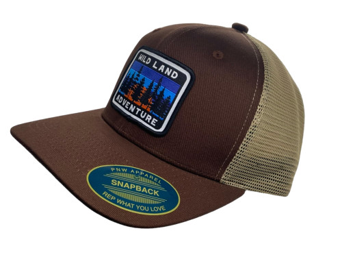 PNW Apparel Men's Trucker Hat - Snapback Cap with Mesh Backing and Adventure Patch (Brown/Tan)