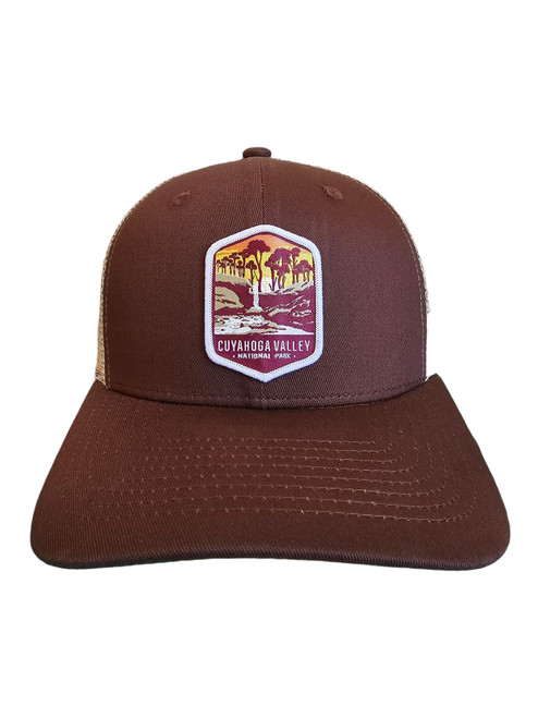 Cuyahoga Valley Trucker Hat - Mesh Snapback Baseball Cap w/National Park Woven Patch (Brown/Tan)