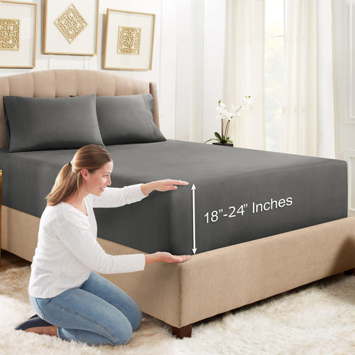 Empyrean Extra Deep Fitted Sheets Full Size - 24" Extra Deep Fitted Sheets with Bonus 2 Pillowcases - 3 Piece Extra Deep Fitted Bed Sheet - Extra Deep Full Size Fitted Bed Sheets - Charcoal Gray