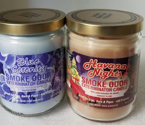 Smoke Odor Exterminator 13 oz Jar Candles Assortment Two Fragrances Bundle Blue Serenity/Havana Nights.