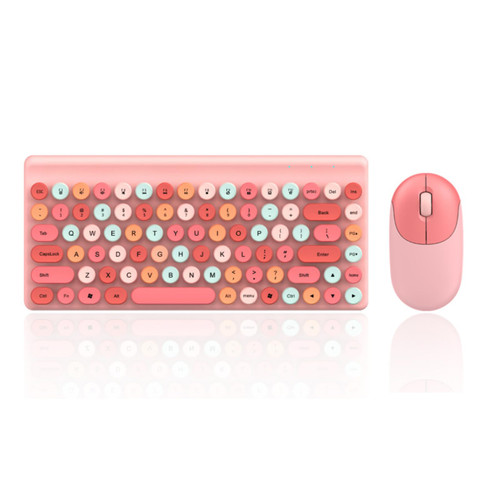 Yoidesu 2.4G Wireless Keyboard Mouse Combo, Cute Mix Color 86 Keys Ultra Slim Keyboard and Ergonomic 1200DPI Quiet Gaming Mice for PC Laptop Desktop Computer, Retro Round Concave Keycap (Pink)