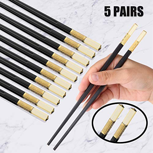 Omia 5 Pairs Fiberglass Chopsticks - Reusable Chopsticks Dishwasher Safe Chopsticks Alloy Chop Sticks Utensil Gift Set (Gold Wish Design - Black/Clear)