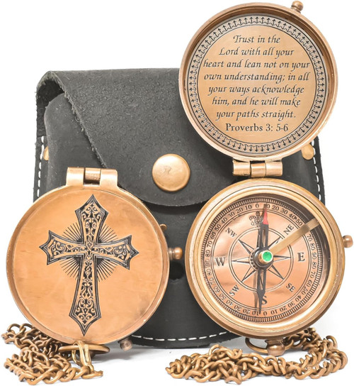 Sundial Brass Golden Compass with Leather Case Trust in The Lord with All Your Heart Proverbs 3: 5-6 Quote Engraved Compass