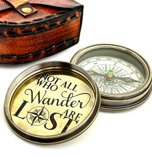 Brass Compass with Leather BOX- Pocket compass - Nautical compass - NOT All WHO Wander are Lost -handmade gift - gift for men - Steampunk Accessory for men - Compass Gift for Him - unique gift for men