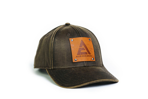 J&D Productions Allis Chalmers Hat with Leather Logo Emblem, New Logo, Oil Distressed Hat Brown