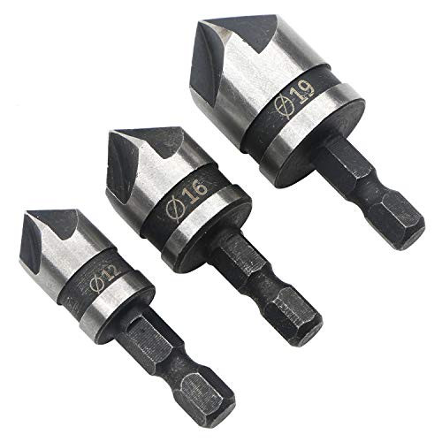 3Pcs 1/4" Hex Shank 5 Flute 90 Degree Chamfering Countersink Drill Bit Set for Wood Metal Quick Change Bit 12/16/19mm