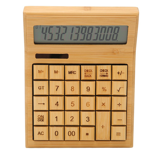 Bamboo Calculator, Accounting Desktop Calculator with 29 Buttons, Solar Powered Battery, 12 Bit Digital LCD Display for School Office