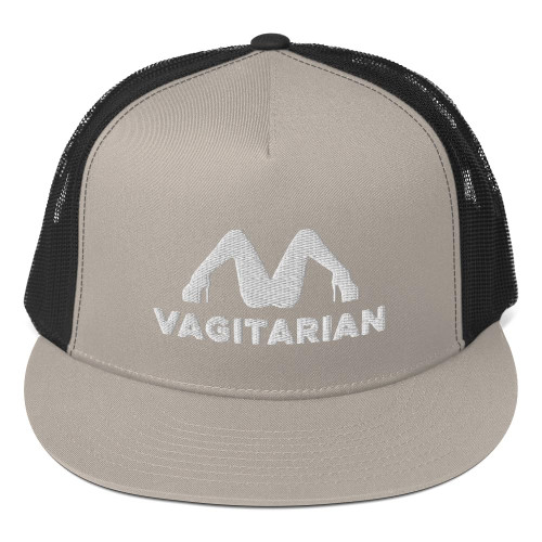 Hogue WS LLC Vagitarian Hat (Embroidered Trucker Cap) Funny Vegetarian Parody Hats Silver/Black
