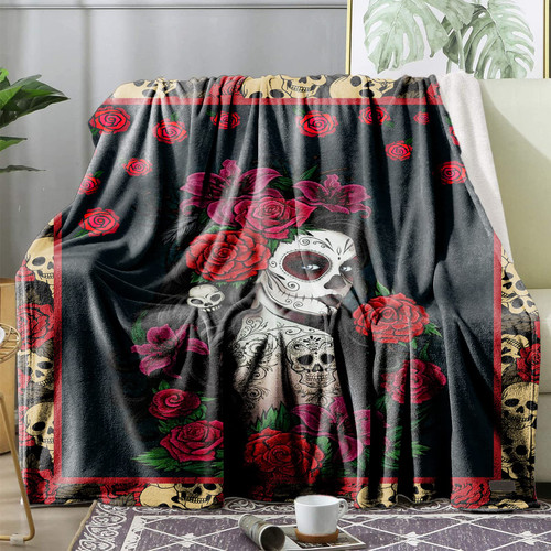 Day of The Dead Sugar Skull Blanket Rose Flowers Throw Fleece Blankets Rug Soft for Gift Bed Sofa 50"X40" Lightweight Flannel Blanket Bedding