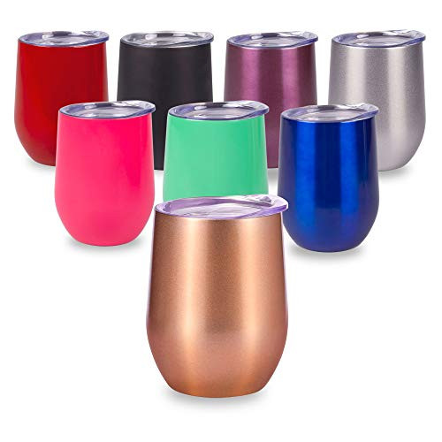 Insulated Stemless Wine Glass, Stainless Steel Stemless Glass Wine Cups, 12 oz Double Wall Vacuum Insulated Wine Tumbler with Lid for Coffee, Wine, Cocktails, Ice