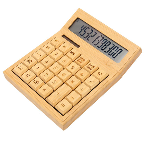 Desktop Calculator, Bamboo Wooden Solar Calculators, Solar and Battery Dual Power Calculator with 12 Bit Digital LCD Screen for School Office