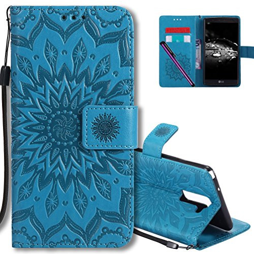 LG G Stylo 2 (LS775) Flip Case COTDINFORCA Emboss Mandala with Card Holder Slot Pockets, Wrist Strap, Magnetic Closure Premium PU Leather Case Cover For LG Stylus 2/LG Stylo 2/LS775. Mandala Blue