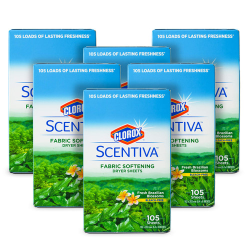 Clorox Scentiva Fabric Softening Dryer Sheets, 105 Sheets per Pack, Brazilian Blossoms Scent | Bleach-Free Fabric Softener Sheets for Static Control and Reduce Wrinkles (6 Pack)