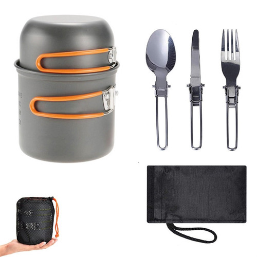 Camping Cookware Mess Kit, Lightweight Camping Pot + Fork Spoon Kit for Backpacking, Outdoor Camping Hiking and Picnic (Orange)