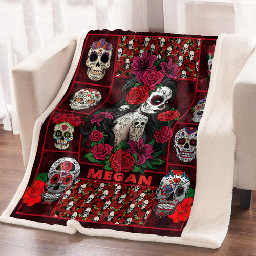 ARIGHTEX Day of The Dead Fleece Throw Blanket Sugar Skull Girl Throw Blanket Black and Red Blankets Sherpa Reversible Bed Couch Blanket (50 x 60 Inches)