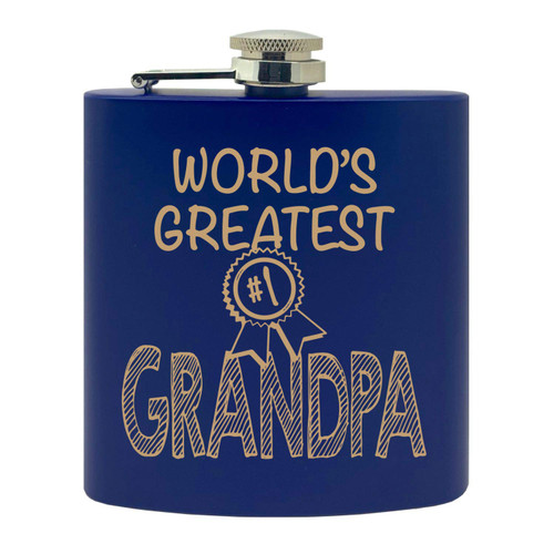 World's Greatest Grandpa Custom Printed Stainless Steel Alcohol Hip Flask, 6 Oz. Matte Blue