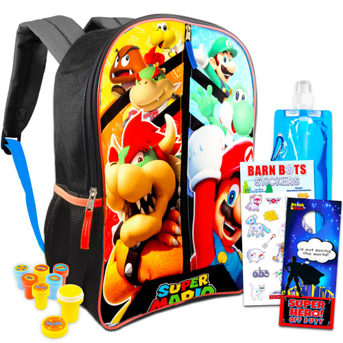 SUPER MARIO Backpack for Kids - 16" Mario and Luigi Backpack Bundle with Barn Bots Stickers, Superhero Stampers, and More Backpack for Boys