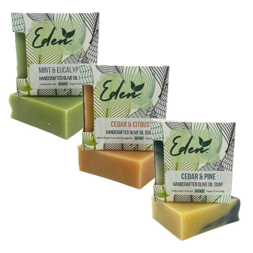 EDEN Daily Essentials - Men's Soap Bar Natural & Handmade, Scented with Essential Oils - Masculine scents: Cedar Citrus, Cedar Pine Tar, Mint Eucalyptus - Gift pack - Natural Men Soap - Gift for him - 5oz each, 3 Pack, total 15 oz