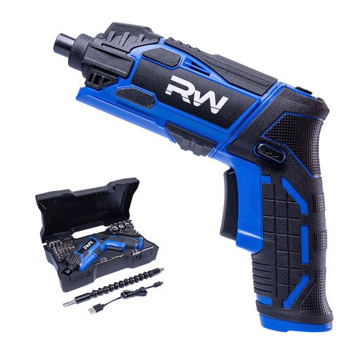 RealWork Electric Screwdriver, 4V Cordless screwdriver with rechargeable 1500mah Li-ion Battery, Includes screwdriver bit, sockets, Flex Shaft. LED Working light, Hard Plastic Carry Case
