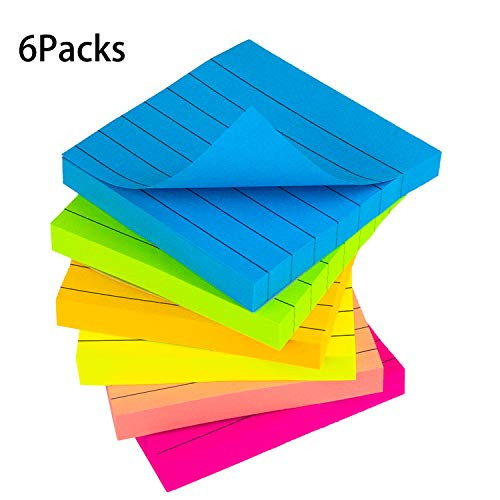 Lined Sticky Notes 3x3 Inches, 6 Pads 100 Sheets/Pad, Bright Colors Self-Stick Notes, Assorted Colors Stickies, Easy Post Notes for Reminders, Studying, School, Office, and Home (6)