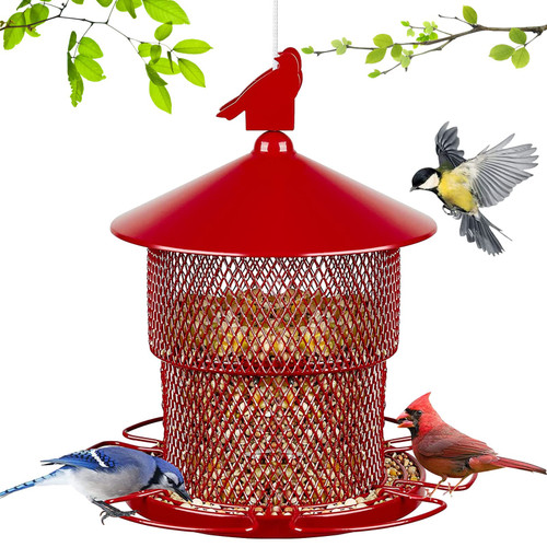 Bird Feeders Squirrel Proof for Outside Hanging, Weatherproof Cardinal Bird Feeder Squirrel Proof, Large Metal Bird Feeder for Cardinal, Finch, Sparrow, Chickadee, Blue Jay etc (Red)