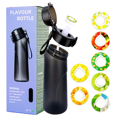 Flavor Air Water Bottle, Air Water Bottle with 7 Flavor Pods, 750ML Air Drinking Water Bottle Starter Set with Flavour Capsules,0% Sugar Water Cup BPA Free, Suitable for Outdoor Sport (Black)
