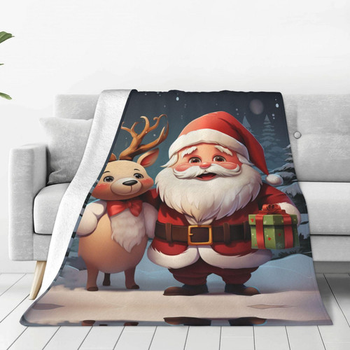 Flannel Fleece Throw Blanket Christmas Santa Claus Reindeer Print Blanket Lightweight Soft Couch Blanket Warm Cozy Plush Fleece Blanket for Bed Couch Sofa Chair 40"X30"
