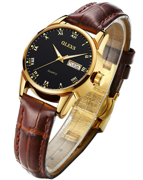 OLEVS Women's Business Dress Watches for Ladies Female Black Dial Brown Leather Strap Small Face Dress Analog Quartz Wrist Watch with Calendar Day Date Waterproof Luminous Gift Classic Casual