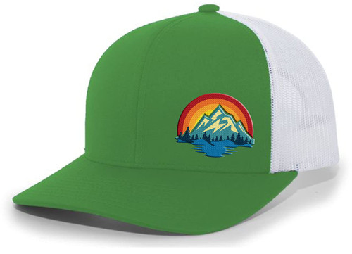 Trenz Shirt Company Men's Retro Colorful Scenic Mountain Outdoors Woodland Embroidered Mesh Back Trucker Hat, Kelly Green/White