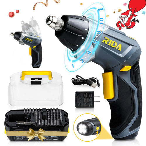 RIDA Cordless Screwdriver 4V Electric Screwdriver Rechargeable Screw Gun Kit w/10+1 Torque & 2 Position Handle, 3 LED work indicator & LED flashlight, 58pcs Accessories and Tool Box Christmas Presents RIDA Cordless Screwdriver 4V Electric Screwdriver Rechargeable Screw Gun Kit w/10+1 Torque & 2 Position Handle, 3 LED work indicator & LED flashlight, 58pcs Accessories and Tool Box Christmas Presents