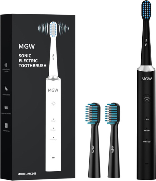 MGW Electric Toothbrush for Adults, Rechargeable Sonic Electric Toothbrushes with Smart Timer, 3 Modes, 2 Replacement Brush Heads, IPX7 Waterproof, One Charge for 60 Days (Black) MGW Electric Toothbrush for Adults, Rechargeable Sonic Electric Toothbrushes with Smart Timer, 3 Modes, 2 Replacement Brush Heads, IPX7 Waterproof, One Charge for 60 Days (Black)