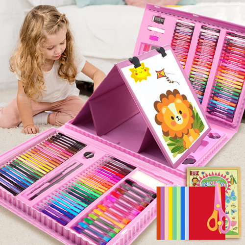 208 PCS Art Supplies,Drawing Art Kit Painting Art Set for Kids Girls Boys Artist, Gift Box with Trifold Easel, Includes Pastels, Crayons, Colored Pencils, Coloring Book, Scissors, Origami Paper 40 Sh.