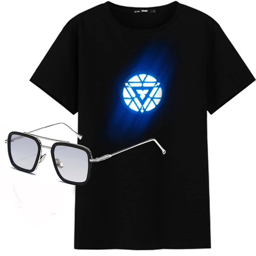 Arc Reactor T-Shirt with Tony Stark Sunglasses, Illuminate T-Shirt Iron Man Heart Reactor Cosplay Novelty Costume Stark Black