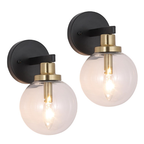 LOCLGPM Globe Wall Sconce, Black & Gold Wall Sconces Lighting Set of 2, Mid Century Modern Milk Glass Wall Lamp, Bathroom Vanity Light Fixtures Indoor Wall Mount Lights for Bedroom Living Room