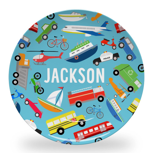 Tiny Expressions - Personalized Transportation Plate for Boys with Customized Name and Colorful Cars and Trucks | BPA Free | Dishwasher Safe