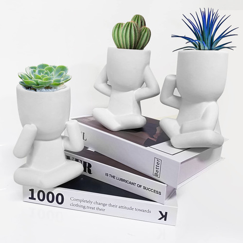 WEWEOW Succulent Pots, Small Plant Pots with Creative Human Shape, Ceramic Planter for Indoor Plants Succulents Plants Cacti Air Plants Creation DIY, Cute Desk Plants Pot for Office Home Decor