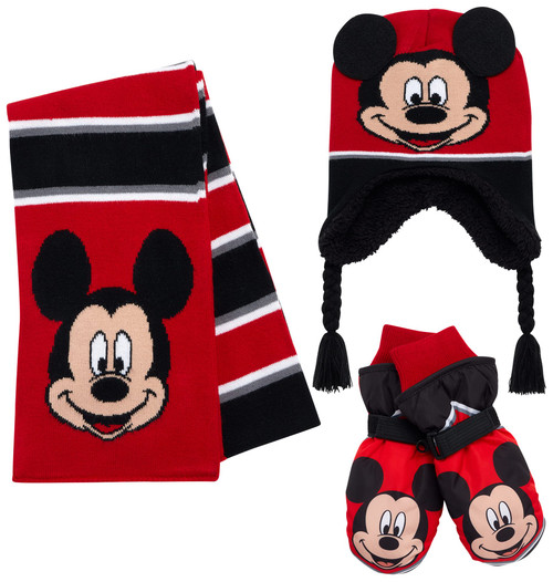 Disney Boys' Mickey Mouse Winter Hat Set - 3 Piece Beanie, Gloves or Mittens, and Scarf Set, Size Age 2-4, Mickey Mouse Hat Mitten Scarf Set