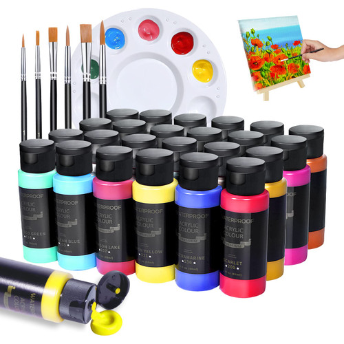 Acrylic Paint Set for Canvas Painting with 24 Colors (60ml, 2oz), 6 Brushes and 1 Palette - Permanent Art Craft Paints Gifts for Kids,Beginners, Adults & Artists - Non-Toxic Painting Supplies Kit