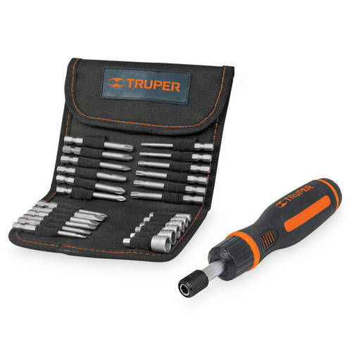Truper Ratchet Screwdriver Set with 18 Bits and 6 Sockets - 26 pieces