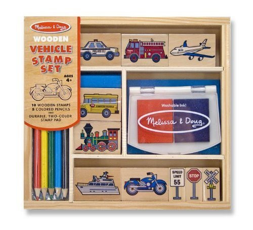 Melissa & Doug Vehicles: Wooden Stamp Set & 1 Scratch Art Mini-Pad Bundle (02409)